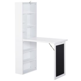 Fold Down Convertible Writing Table, Folding Desk With Blackboard & Side Shelf, Multi-Function Computer Office Workstation, White