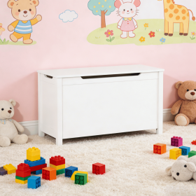 Kids Wooden Toy Box Storage with Safety Hinged Lid for Ages 2+ (White)