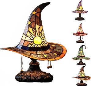 Handmade Gothic Witch Hat Night Light –Witch Hat Lamp Stained Glass LED Lamp, Spooky Halloween Decor, Indoor & Outdoor Witchcraft Gift (Color: YELLOW)