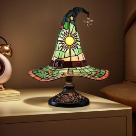 Handmade Gothic Witch Hat Night Light –Witch Hat Lamp Stained Glass LED Lamp, Spooky Halloween Decor, Indoor & Outdoor Witchcraft Gift (Color: Green)